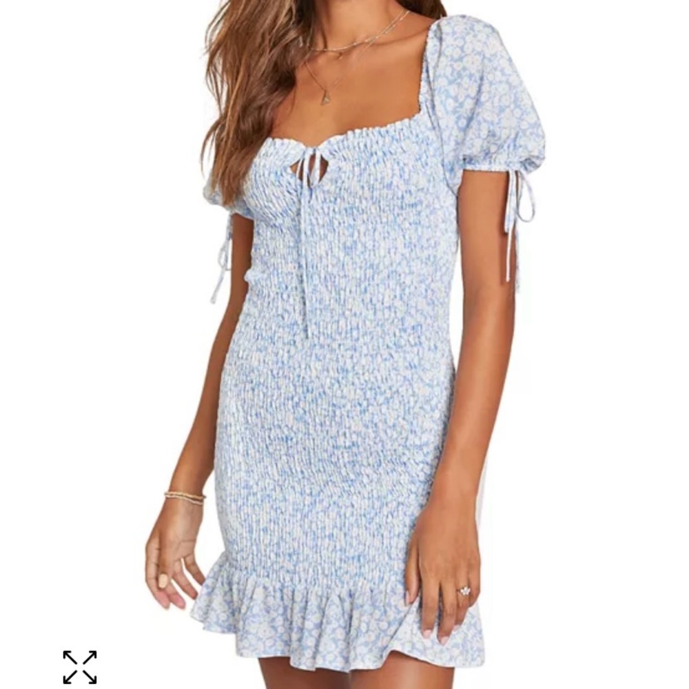 LOST + WANDER Seaside Breeze Sky Blue/White Smocked Mini Dress SZ L